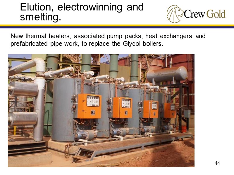 44 Elution, electrowinning and smelting. New thermal heaters, associated pump packs, heat exchangers and